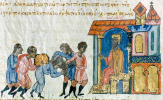 The enthroned emperor Basil accepts tribute from the general Leon but, because of Leon's behaviour towards Procopius, he is arrested by two soldiers.