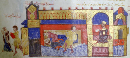 The blinding of Prousianos for plotting against the emperor. At right the enthroned emperor pronounces the sentence, the execution of which is the subject of the central part of the miniature. At left, the mother of Prousianos is expelled from the palace.