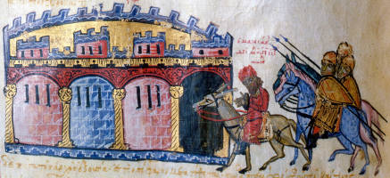 Denounced together with John, brother of the emperor, Maniakes is escorted by soldiers to Constantinople. His hands are chained.