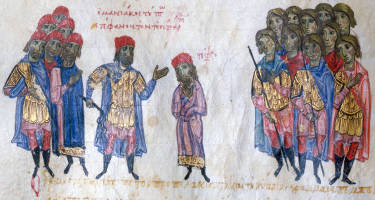Denounced together with John, brother of the emperor, Maniakes is escorted by soldiers to Constantinople. His hands are chained.
