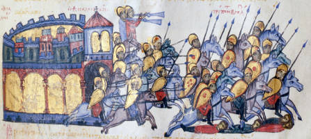 An episode of the siege of Thessaloniki by the Bulgars. Byzantine forces are making a sortie from the gates of the city putting the Bulgar horsemen to flight. Trumpeters on the walls signal the attack.