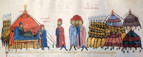 The Bulgars are besieging Thessaloniki and their leader Deleanos receives a fellow commander in his tent. The tented camp of the Bulgar army can be seen to the right.
