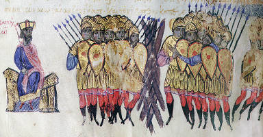 The final defeat of the Bulgars by Michael IV the Paphlagonian who is seated on his throne. The Bulgars put up a wooden palisade near Prilep which is seen here between the two groups of soldiers but the Byzantine forces broke it down.