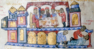 The Bulgar leader Alausonius receiving Deleanos in his palace and gouging out the eyes of his rival.