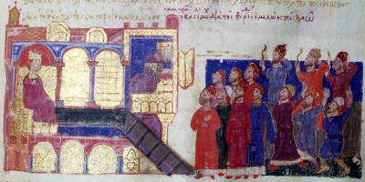 The uprising of the people of Constantinople against Michael Kalaphate. At the left is the palace and the defenders of the king who fire arrows through the window at the crowd.