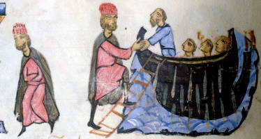 A detail depicting a Byzantine dromond with three banks of oars.