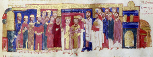 Bottom. The official marriage and coronation of Constantine IX Monomachus and Zoe in the basilica of Basil I.