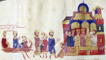 Top. Zoe and Constantine cross the Bosphorous in an imperial boat to be received in front of a palace by two dignitaries.