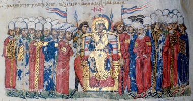 Theophilus making a proclamation. He is flanked by his bodyguard who are bare-headed. Ranks of officials are distinguished by their headgear. The Emperor's Varangian Guard was made up of foreigners - Germans, Franks, Russians, English, Vikings.