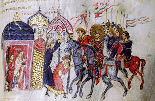 Theophilus with his bodyguard outside the church of Blachernae, dispensing justice to a widow who has approached him with a complaint. Two priests look on from the church door.
