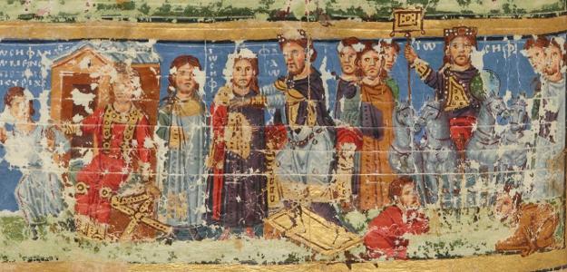 Potiphar buys Joseph, Joseph flees Potiphar's wife, Pharaoh and Joseph, triumph of Joseph standing on the chariot, fifth register: f.69v, 'Commentaries of Gregory of Nazianzus', Byzantine, 9th century, BnF Grec 510
