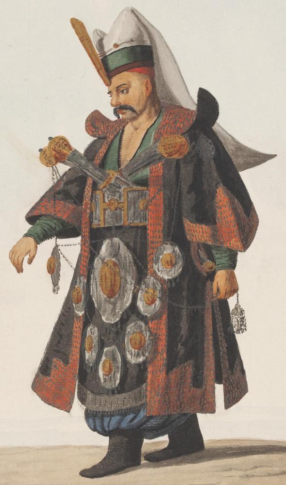 Ascibasi, or Commander of the Janisseries in ceremonial dress. Stratford Canning's Pictures of Turkey. Ottoman Illustrations of Costume and Soldiers.