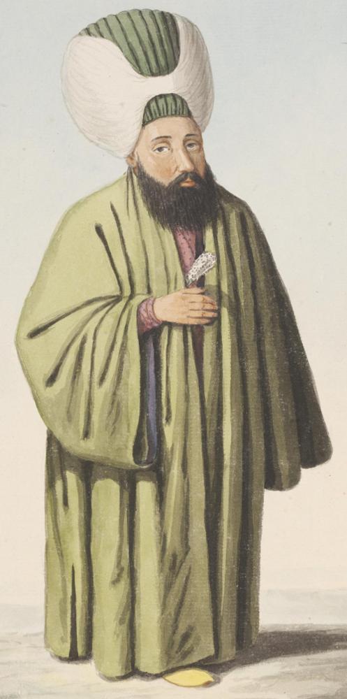 An Ottoman Military officer, possibly the Yeniçeriagasi, or Commander-in-chief of the Janissaries. Stratford Canning's Pictures of Turkey. Ottoman Illustrations of Costume and Soldiers.
