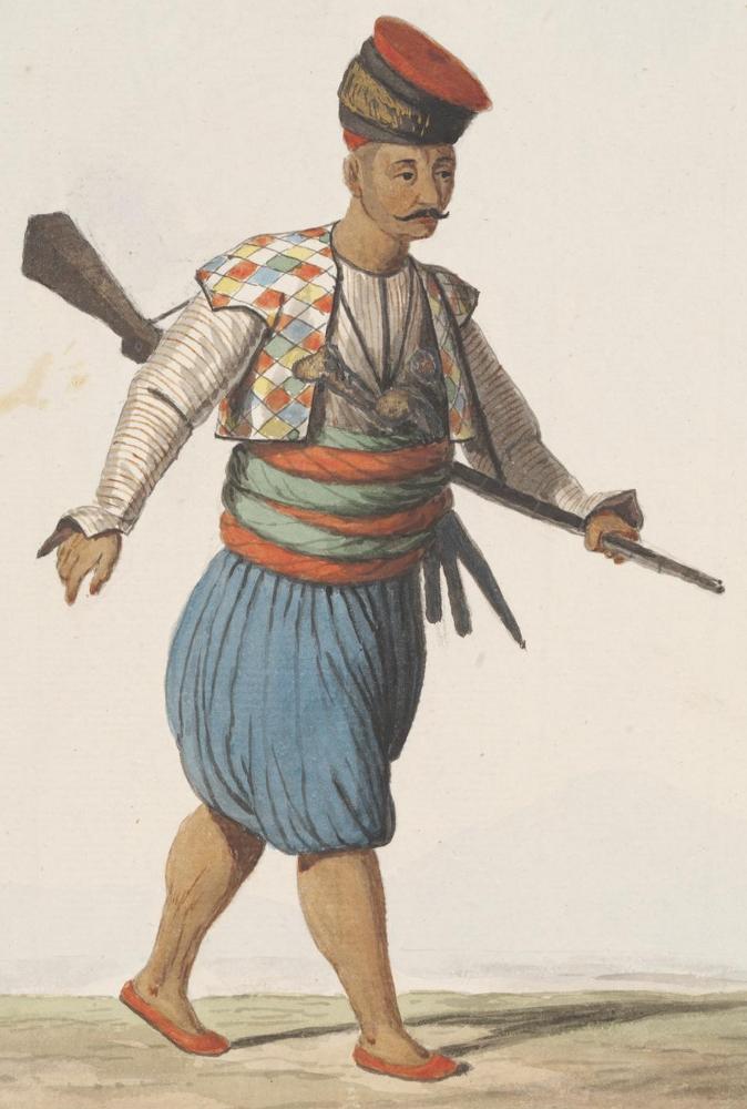 A heavily-armed man. Stratford Canning's Pictures of Turkey. Ottoman Illustrations of Costume and Soldiers.