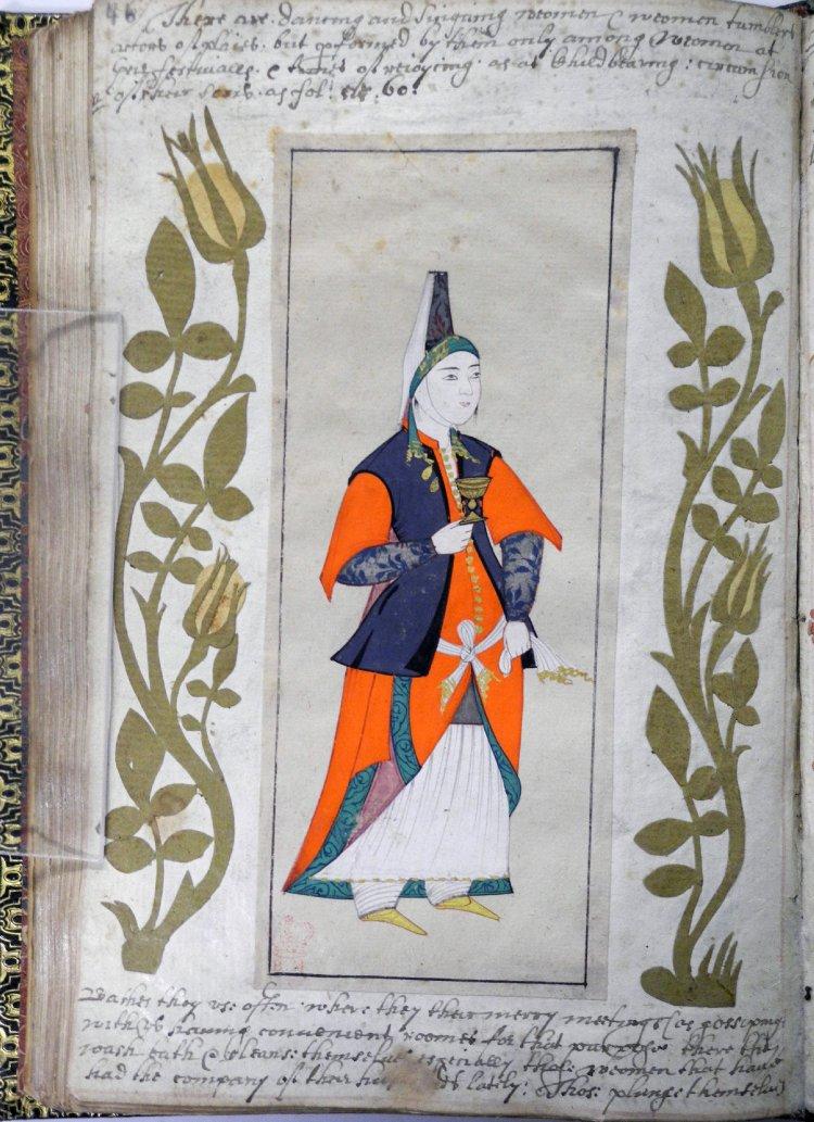 Hantuncuk, young woman of rank, from Peter Mundy's Album, 'A briefe relation of the Turckes, their kings, Emperors, or Grandsigneurs, their conquests, religion, customes, habbits, etc', 1618.