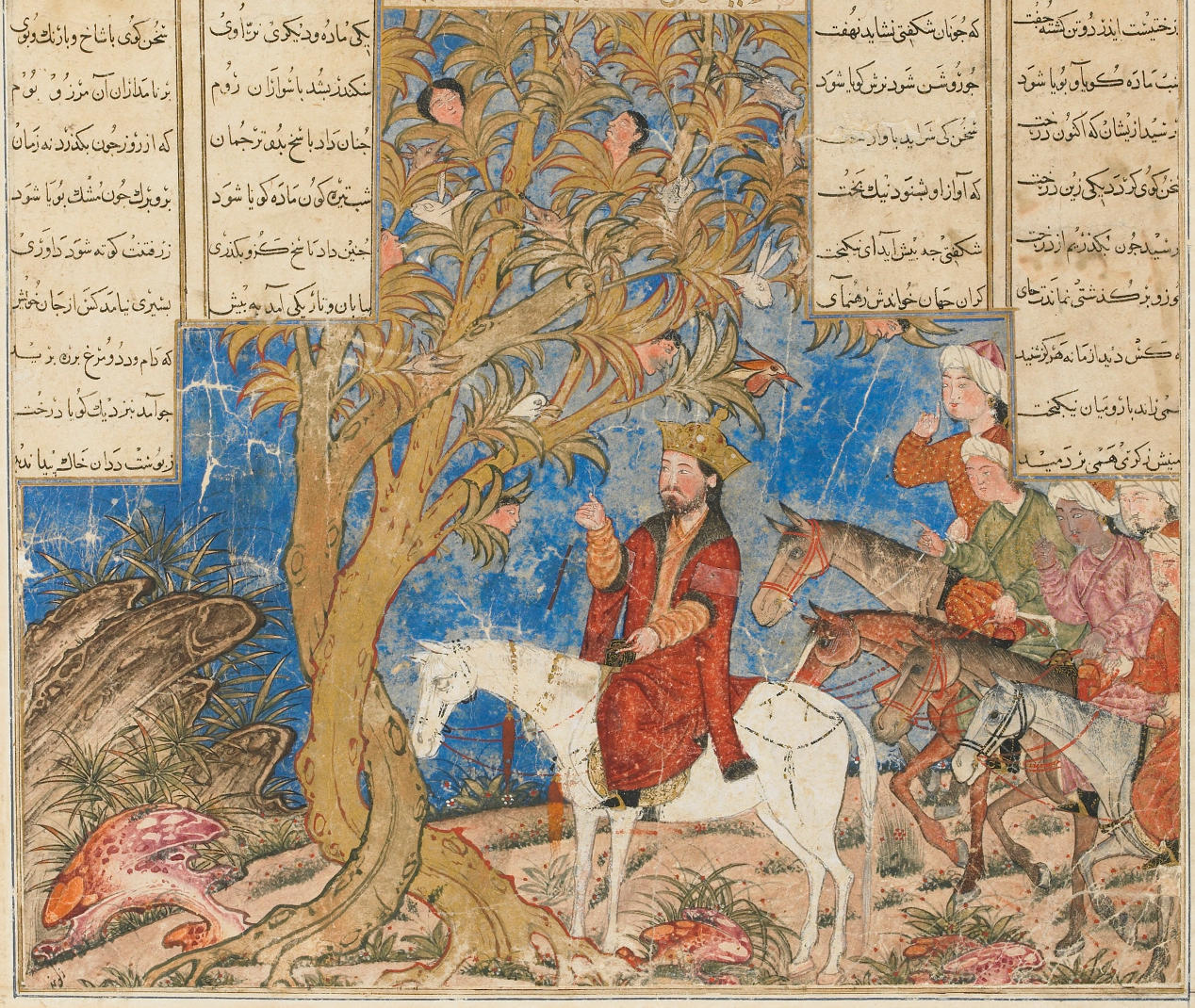 Iskandar and the talking tree. Great Mongol (Demotte) Shahnama. Tabriz, Persia, c.1335. Ilkhanid Illustration. Freer Gallery of Art, Washington DC, F1935.23.