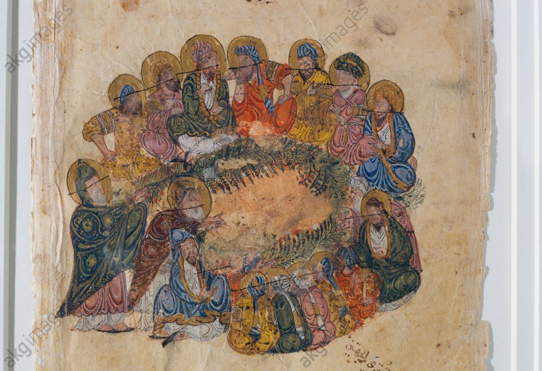 f.53b, The meeting of poets, from Maqamat of al-Hariri St.Petersburg manuscript C-23 of c. 1225-35