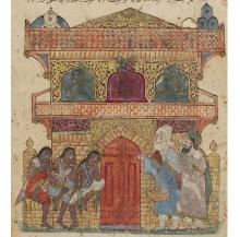 folio 120v Abu Zayd and al-Harith before the king's palace