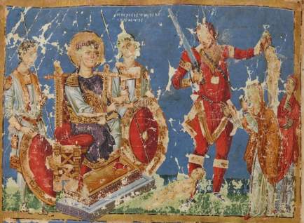 Commentaries of Gregory of Nazianzus, Byzantine, 879-883AD, f.215r (upper register) The Judgement of Solomon