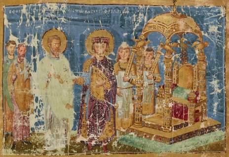 Commentaries of Gregory of Nazianzus, Byzantine, 879-883AD, f.239r (upper register) Gregory of Nazianzus taking leave of Theodosius I
