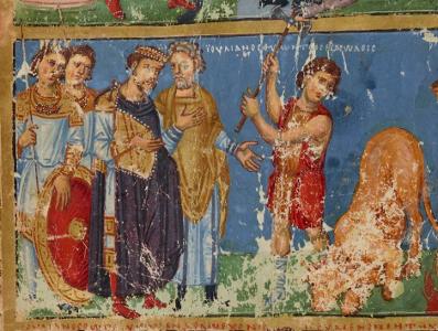 Commentaries of Gregory of Nazianzus, Byzantine, 879-883AD, f.374v (middle register) Julian the Apostate sacrificing