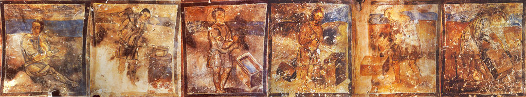 Workers, Umayyad Fresco, Qusayr Amra, Jordan, early 8th century AD. Upper Part of West Wall of the Reception Room.