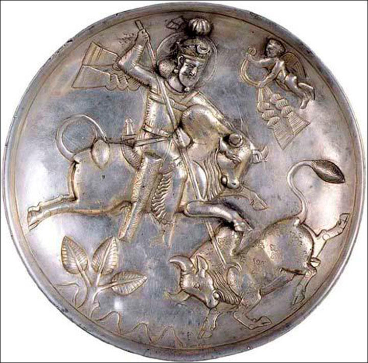 Sasanian silver-gilt plate from the Synya River. Yazdgard I riding a bull hunting another. 5th to 7th centuries.