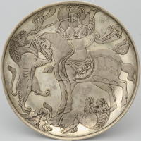 Dish with ruler hunting lions, Eastern Iran, 8th-9th centuries. Upper Kama River region. State Hermitage Museum, St. Petersburg, S-3.