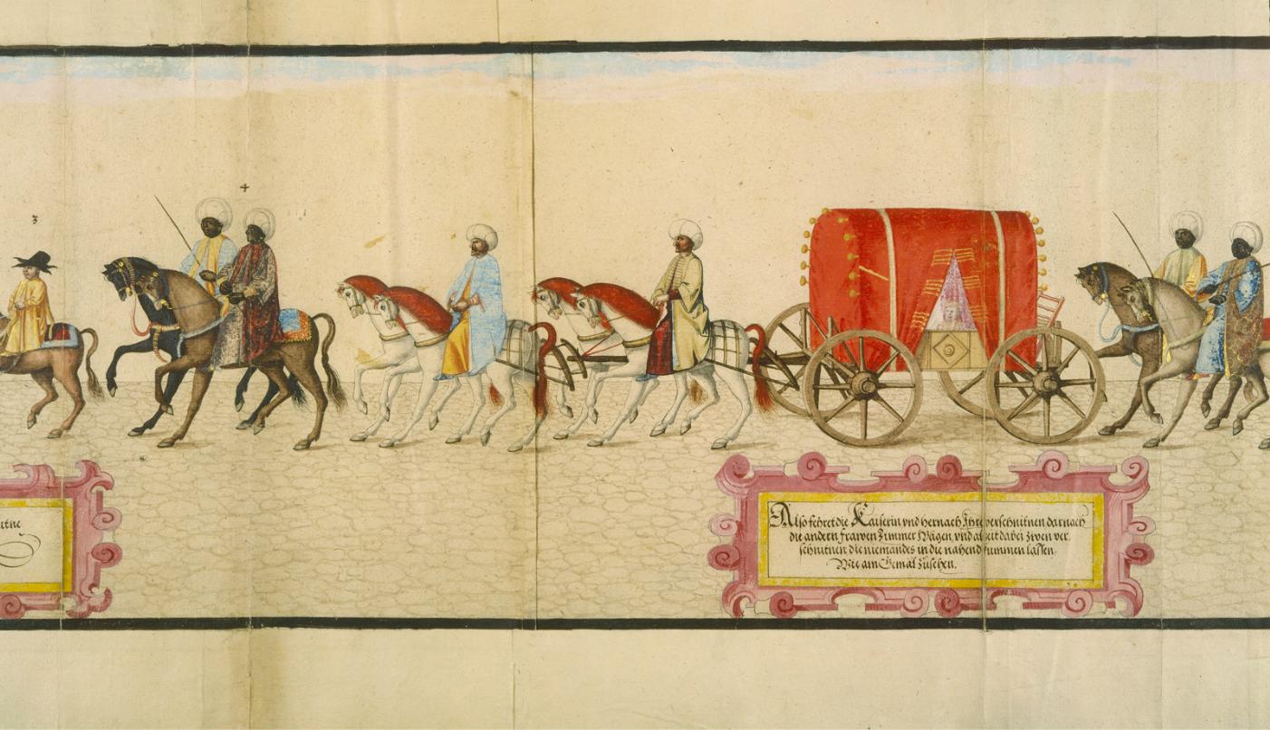 Harem guardian, Turkish empress in a covered wagon like coach as coach-and-four