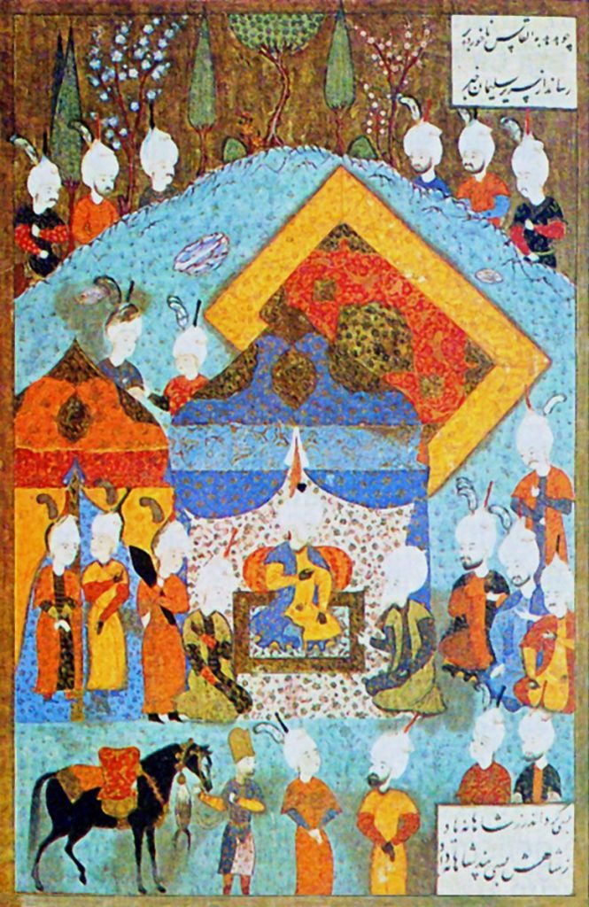 f.506a, Shah Tahmasb's reception of the Ottoman ambassador. Süleymanname of 1558, Topkapi Saray Museum ms Hazine 1517.