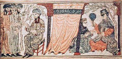 Jacob, with three of his sons and his two wives, Leah and Rachel, f47b/287b