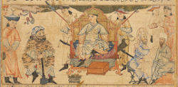 Manuchehr enthroned with Rostam in attendance, f6r