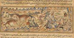 Mohammed and Abu Bakr on their way to Medina while a woman milks a herd of goats, f57r