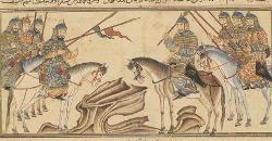 Battle Between Abu'l-Qasim and the Samanid Muntasir, upper, & Muntasir Crossing the Jayhun, lower, f122r