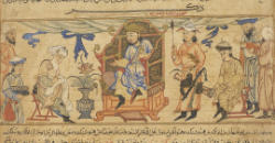 Tahmuras enthroned, upper & Jamshid enthroned, lower, f2v