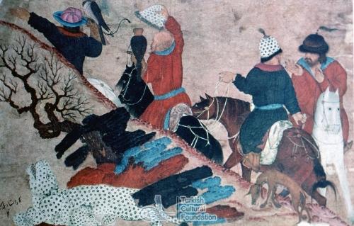 Turkmen Hunters riding. Siyah Qalem school, Hazine 2160, folio 84a.