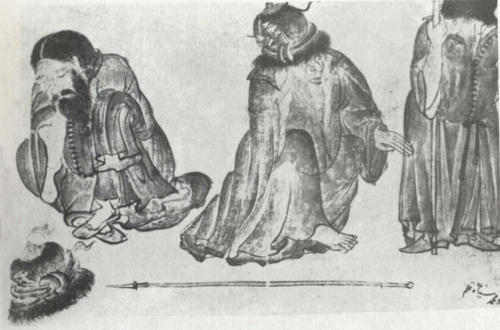 Three Dervishes from Turkistan. Siyah Qalem school, Hazine 2160, folio 85a.