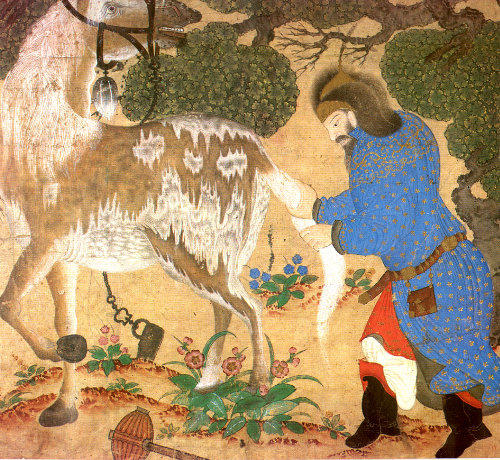 Warrior and his Horse. Siyah Qalem school, Hazine 2160, folio 86b.