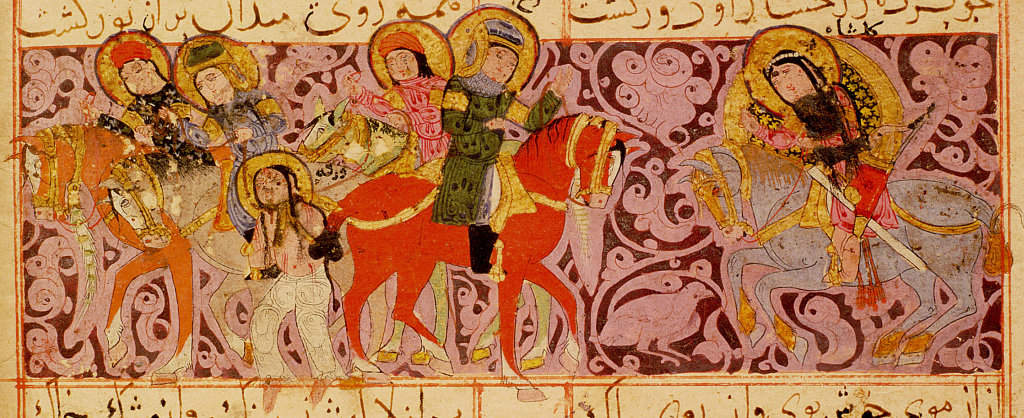 Gulshah (right) disguised as a man, takes off her veil for the kidnapper Rabi. Behind him is her defeated lover Warqah, wounded and bound