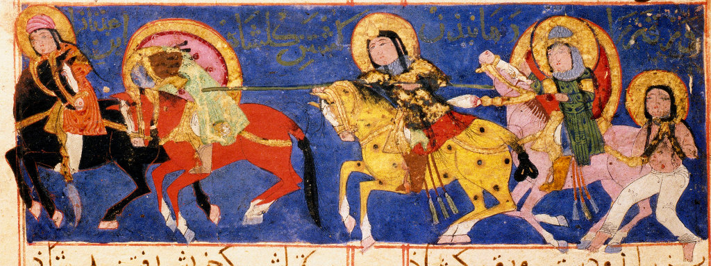 Gulshah kills Rabi ibn Adnan with her lance. Behind her is her defeated lover Warqah, wounded and bound