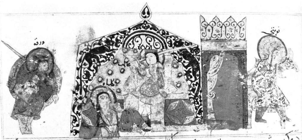 Ghalib seated on a throne, a sword in one hand and a glass of wine in the other; Gulshah before him, outside Warqah